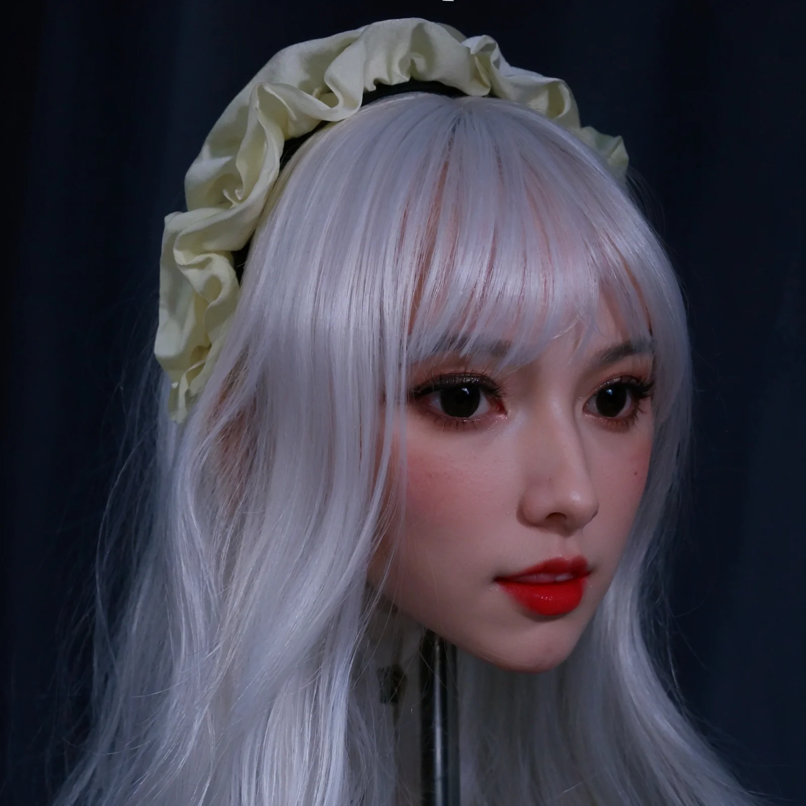 Multi-functional adult model headpiece with long white bangs and odorless synthetic material - perfect for makeup and jewelry sh