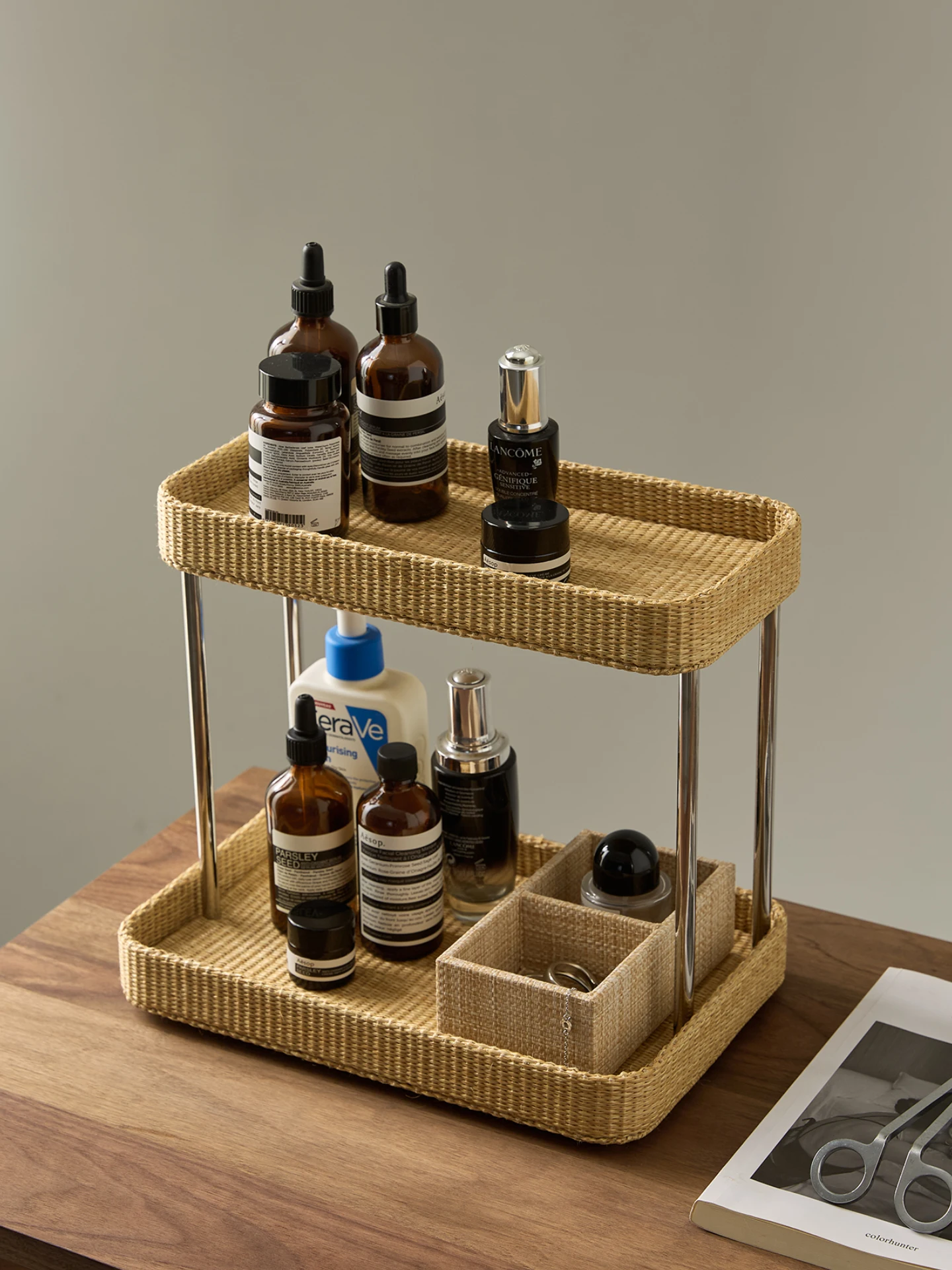

Rattan Double Layer Cosmetic Storage Ra Multi-Function Desktop Organizer Perfume Cup Holder Vani Desk Arrangement