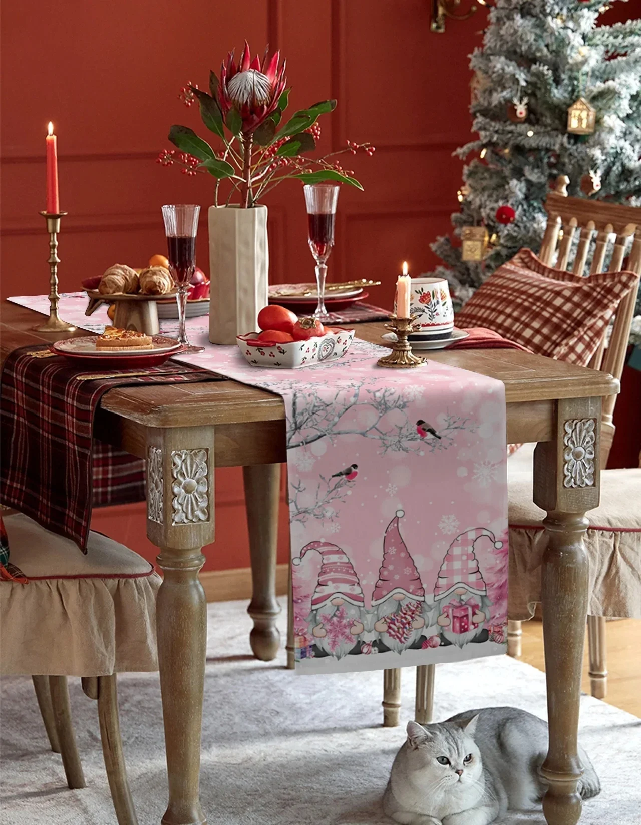 Chemins de table en lin de paysage de neige de gnome de Noël, écharpes de commode, décor de table, table à manger d\'hiver, décorations de Noël