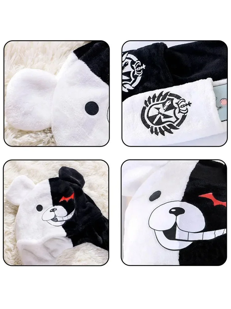 Danganronpa Monokuma topi Plushie kelinci di Beanie sarung tangan lembut syal penutup telinga topi hitam putih Beruang hiasan kepala Cosplay hadiah alat peraga