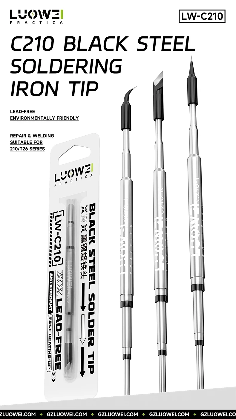 LUOWEI C210 Black Steel Soldering Iron Tip Lead-free Environmentally Friendly for 210/T26 Series Repair & Welding Tool