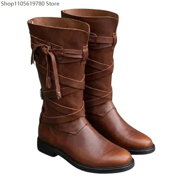 Men Vintage Medieval Cosplay Knee High Boots Faux Leather Wrap Strap Tassel Design Renaissance Pirate Stage Party Footwear