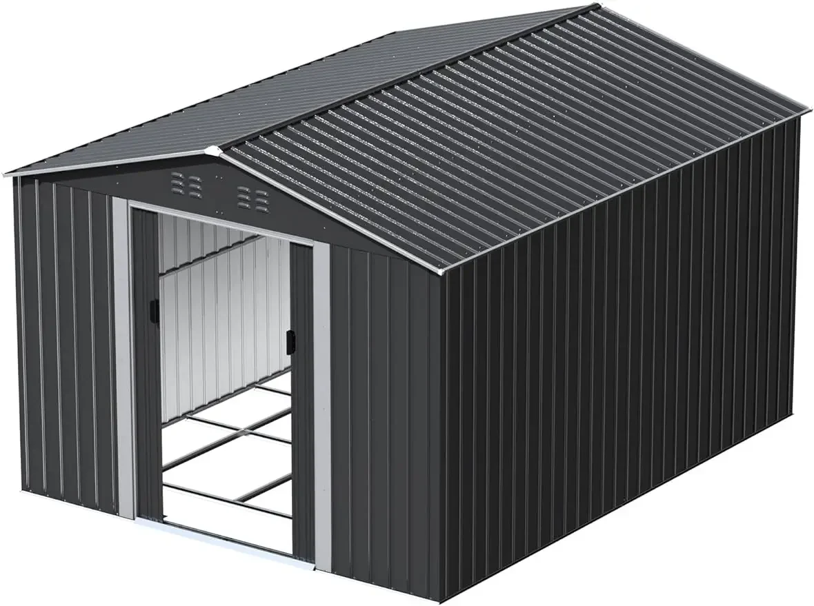 

% сарай для хранения на открытом воздухе 8 x 10 футов с напольным каркасом, металлический сарай на заднем дворе с раздвижными дверцами для наружного патио, газона, серый