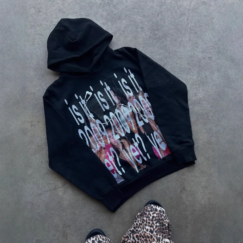 Letter Portrait Printing Vintage Aesthetics Casual Streetwear 2000s Autumn Gothic Harajuku Fashion Long Sleeve Pullover Hoodies