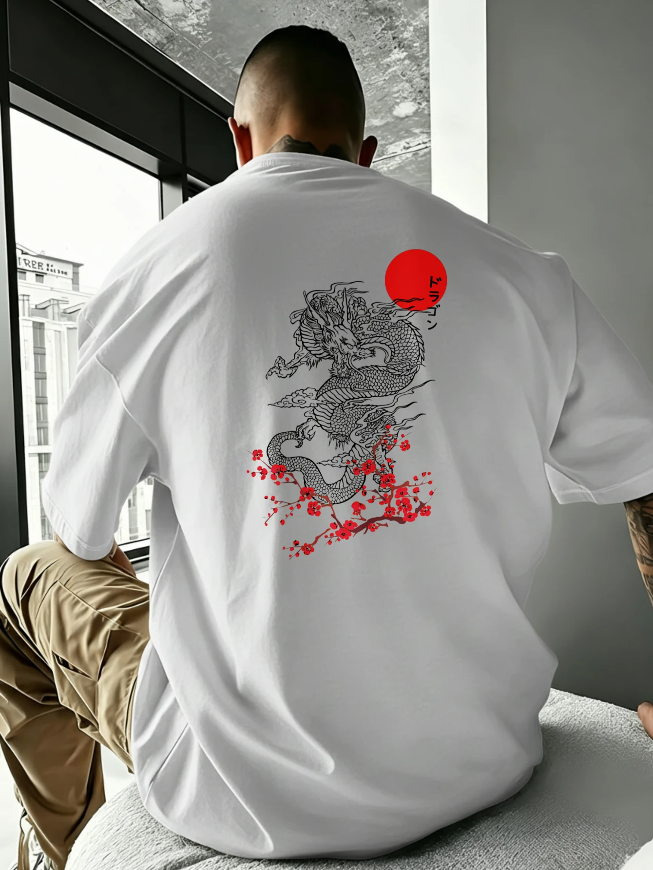 JOOCAR Drachen- und Rote-Sonne-und-Blüten-Print Lässiges Baumwoll-T-Shirt für alle Jahreszeiten, Rundhals, weich, dehnbar, atmungsaktiv, kurzärmelig, modisches Streetwear-Oberteil mit Buchstabendruck,