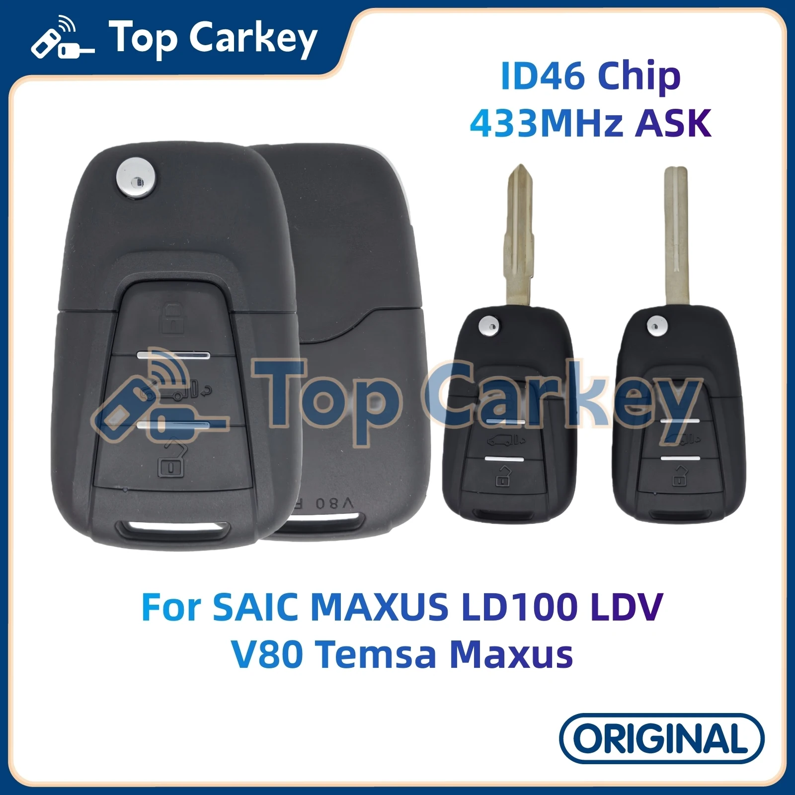 

TopCarkey Original OEM Remote Flip Key Fob 3 Buttons ID46 Chip 433MHz for SAIC MAXUS LD100 LDV V80 Temsa Maxus
