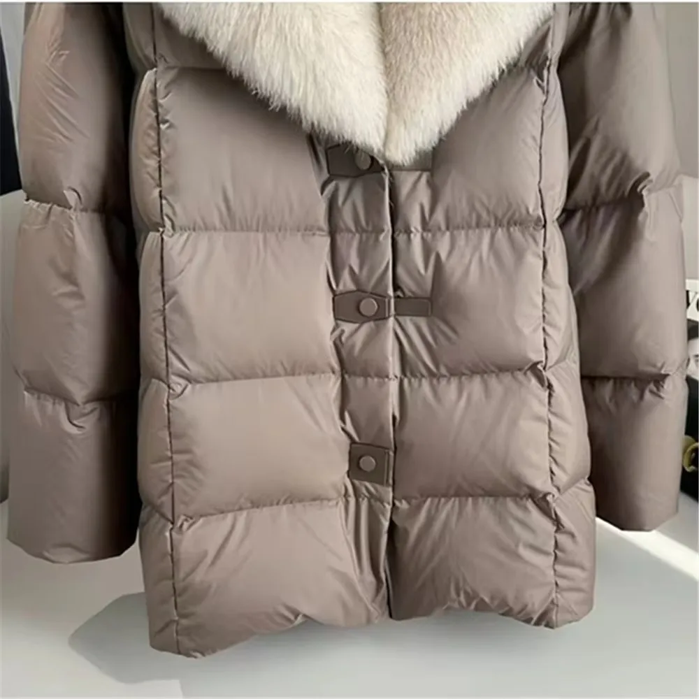 Entendaunenjacken für Damen, einreihiger Mantel, Windjacke mit Pelzkragen, gespleißt, Winter, neu, 2025