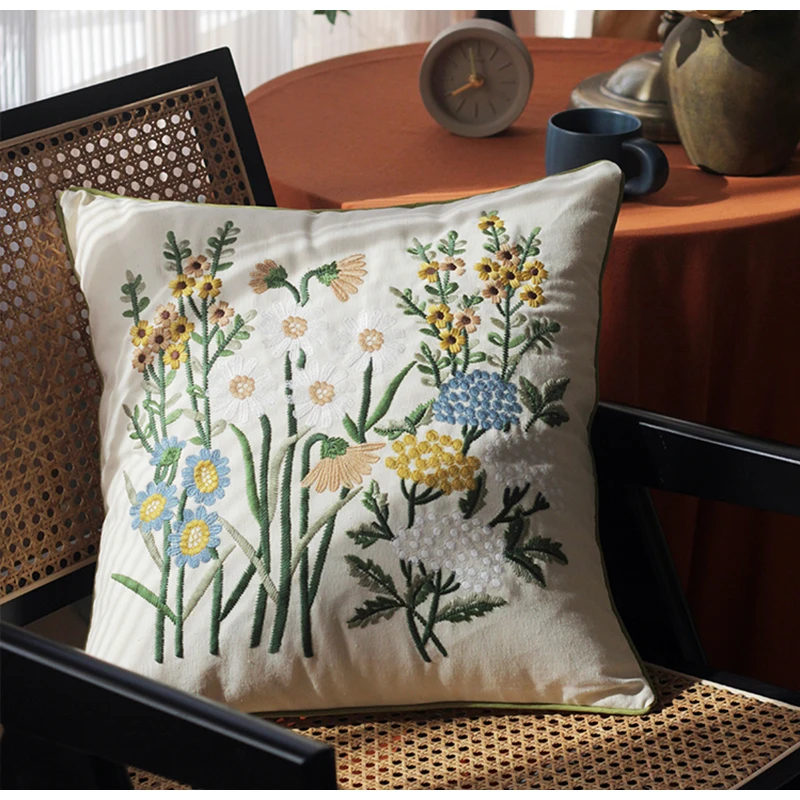 DAVINRICH Daisy Floral Embroidered Pillow Cover Cotton Linen Texture Square Cushion Case Living Room Sofa Garden Style Home Deco