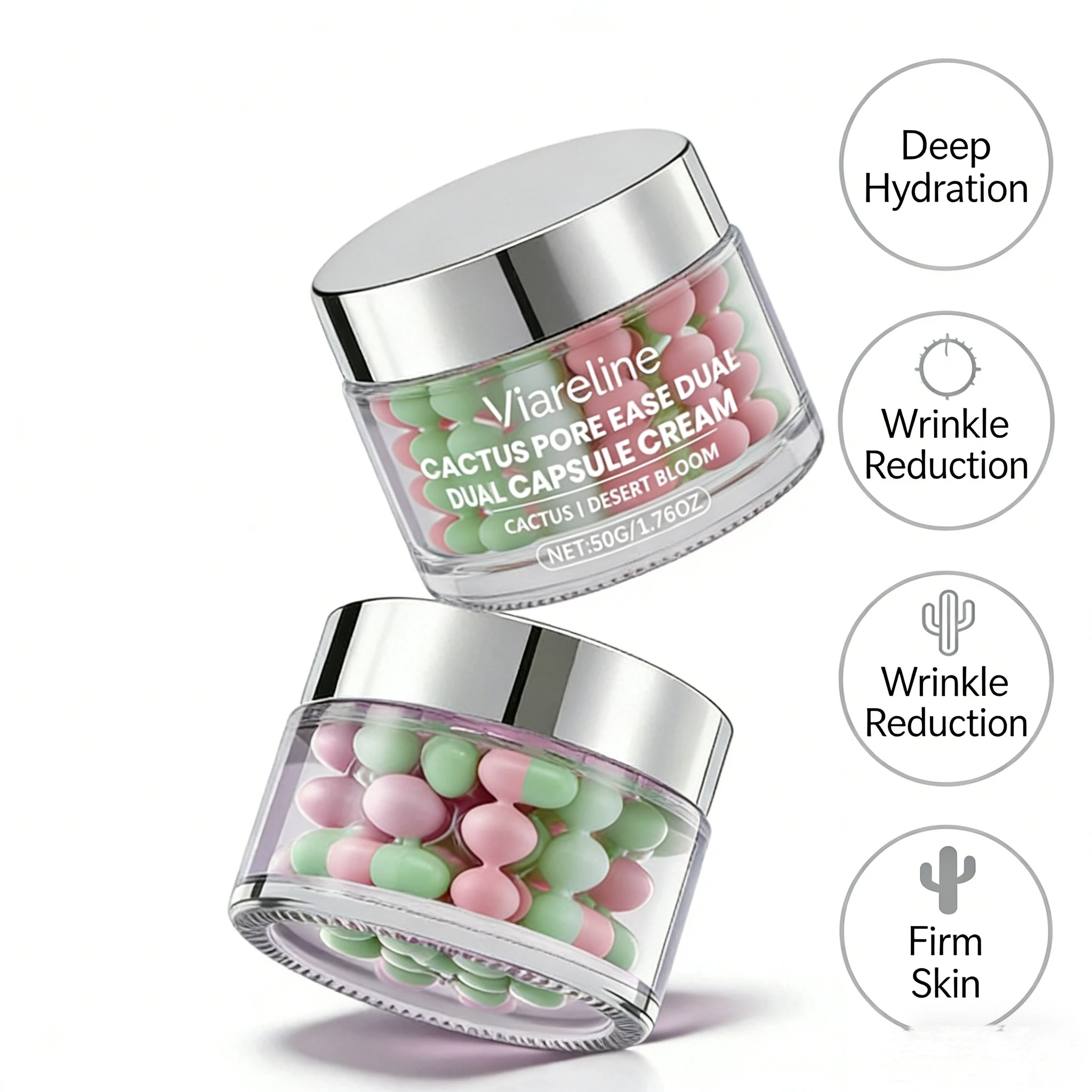 Crema facial Viareline Cactus Soothing Double Effect Capsule, reduce los poros, controla la grasa en profundidad, repara y nutre la piel.