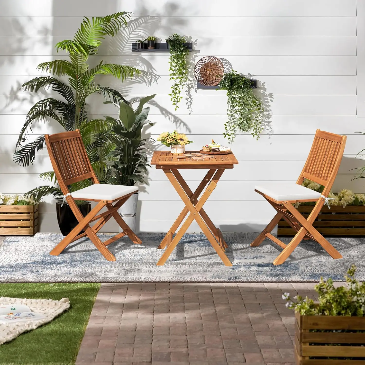 Outdoor 3 Delige Opvouwbare Patio Bistro Set Acacia Hout Bistro Tafel En Stoelen Set Van 2 Voor Tuin Zwembad Achtertuin Balkon Veranda