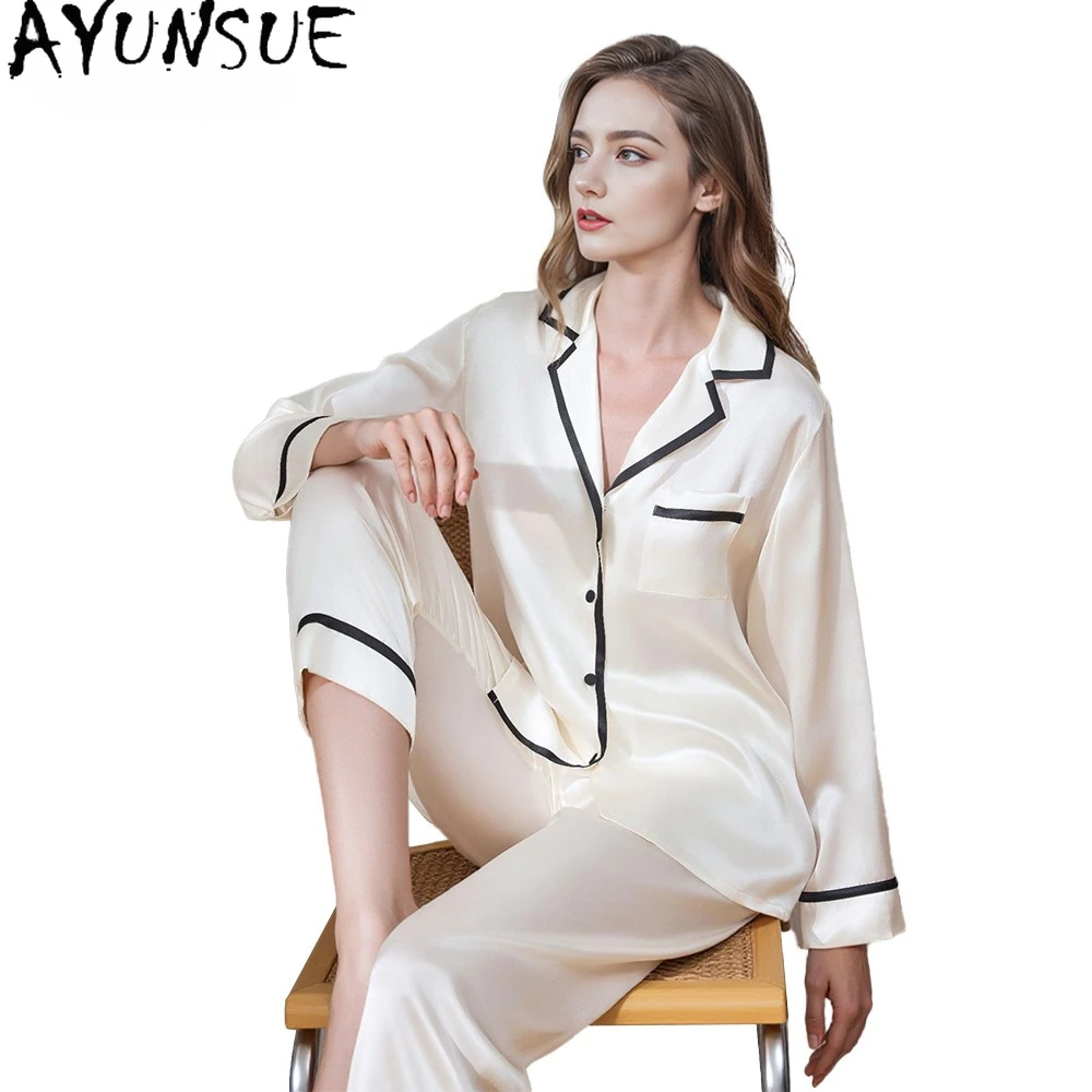AYUNSUE 100% Natural Mulberry Silk Sleepwear Women Spring Summer Home Clothes 19MM Silk Pajama Set Long Sleeve Top Casual Pants