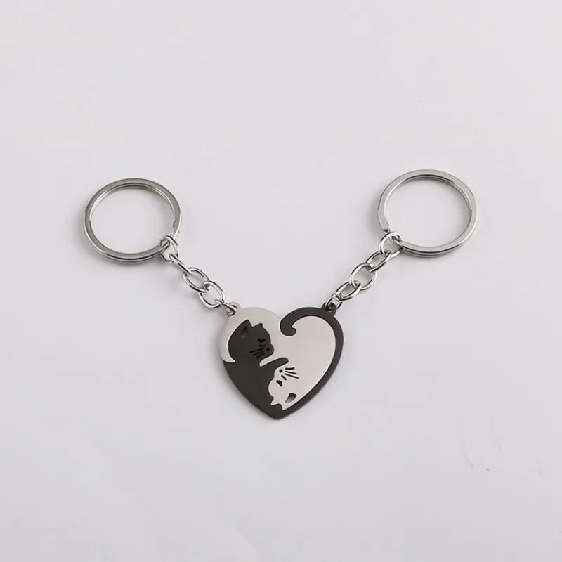 1 Pair Couple Stainless Steel Keychain - Heart-shaped Connection Cat - Yin-Yang Cat Pendant Necklace Keychain Accessory