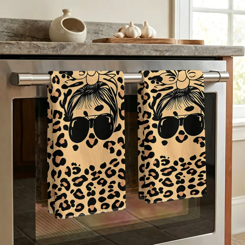 1pc/2pcs Leopard Tangled Bun Girl's Print Kitchen Towel-Super absorbent, reusable polyester dishcloths perfect for home decor, c
