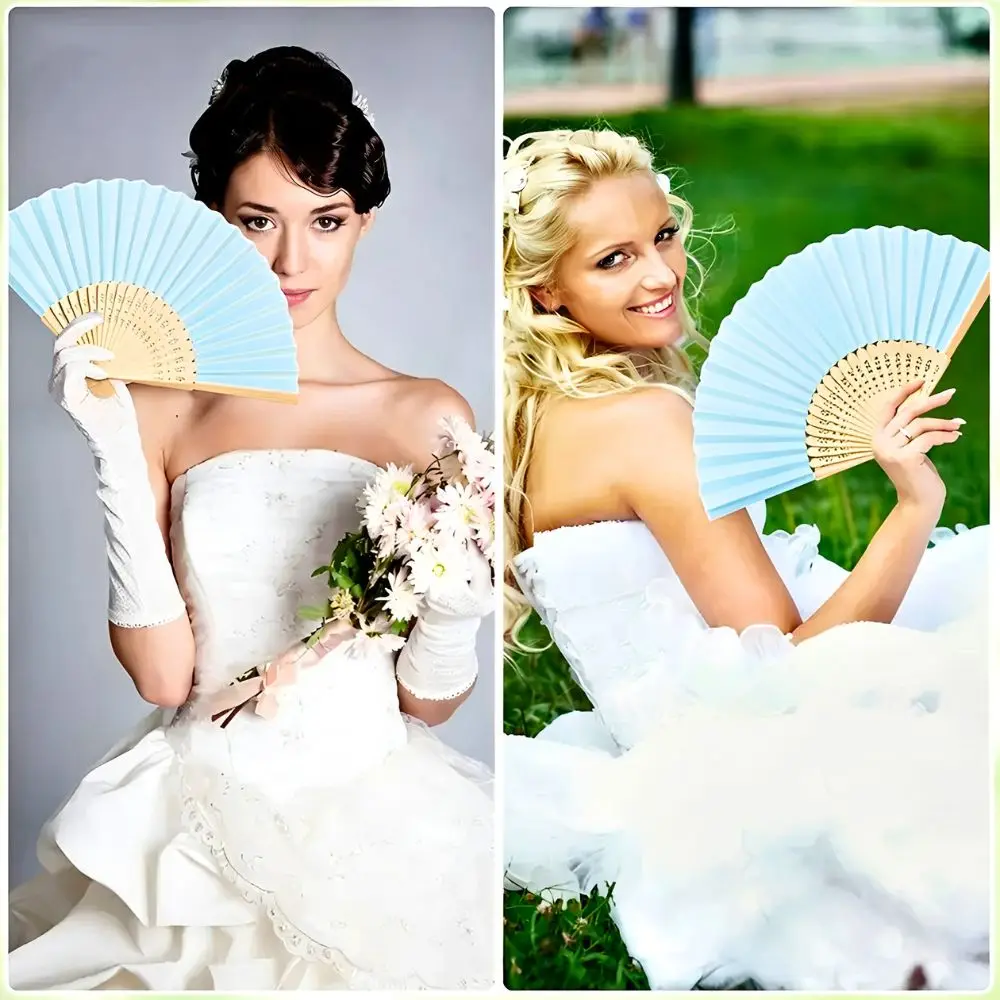 30/60pcs Light Blue DIY Blank Paper Folding Fans Gift Pouches with Bow Tags Beach Wedding Guest Giveaways YMY view 4