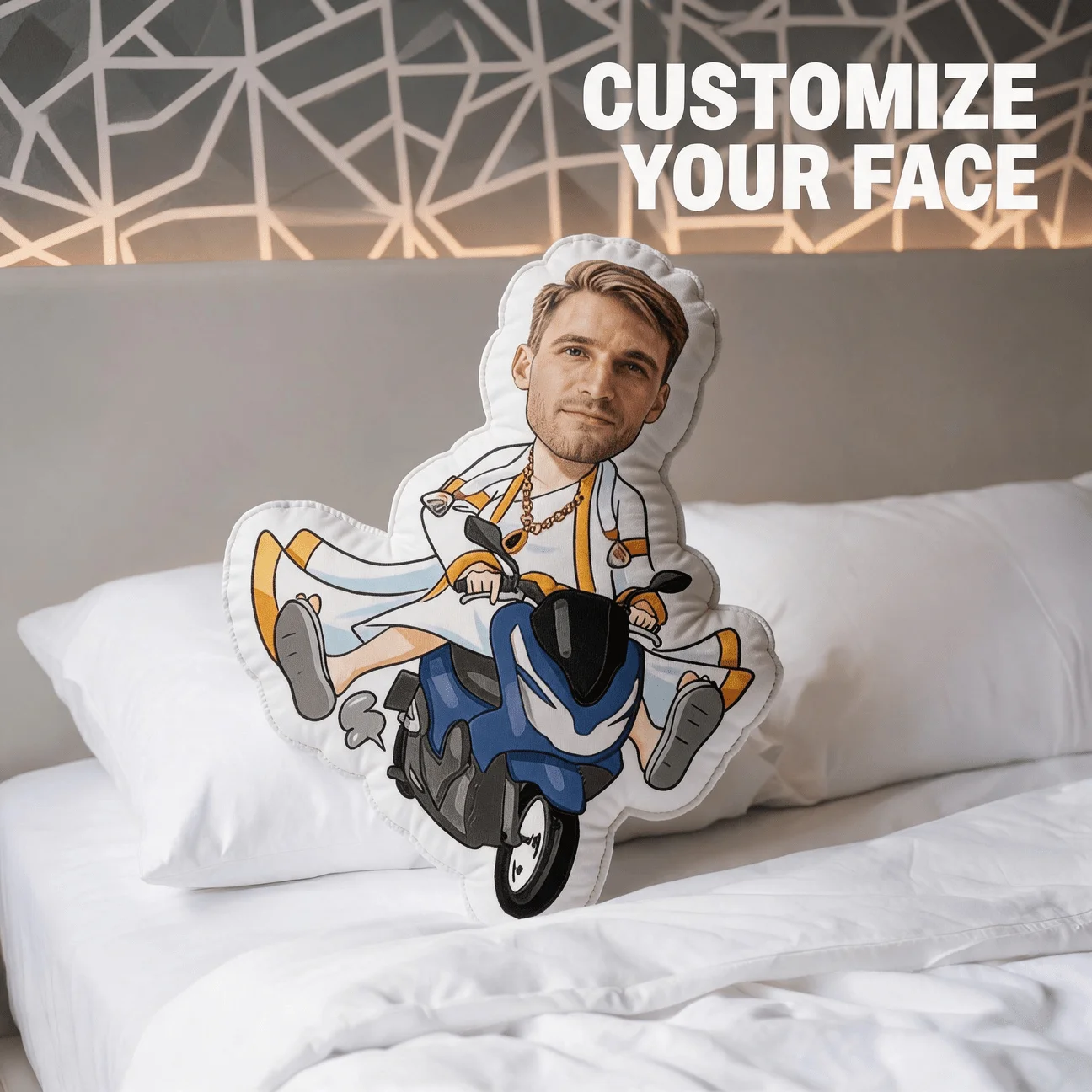 Custom Photo Shaped Pillow, Personalized Face on Funny Scooter Rider Design Decorative Cushion, Creative Gift for Boyfriend Husb