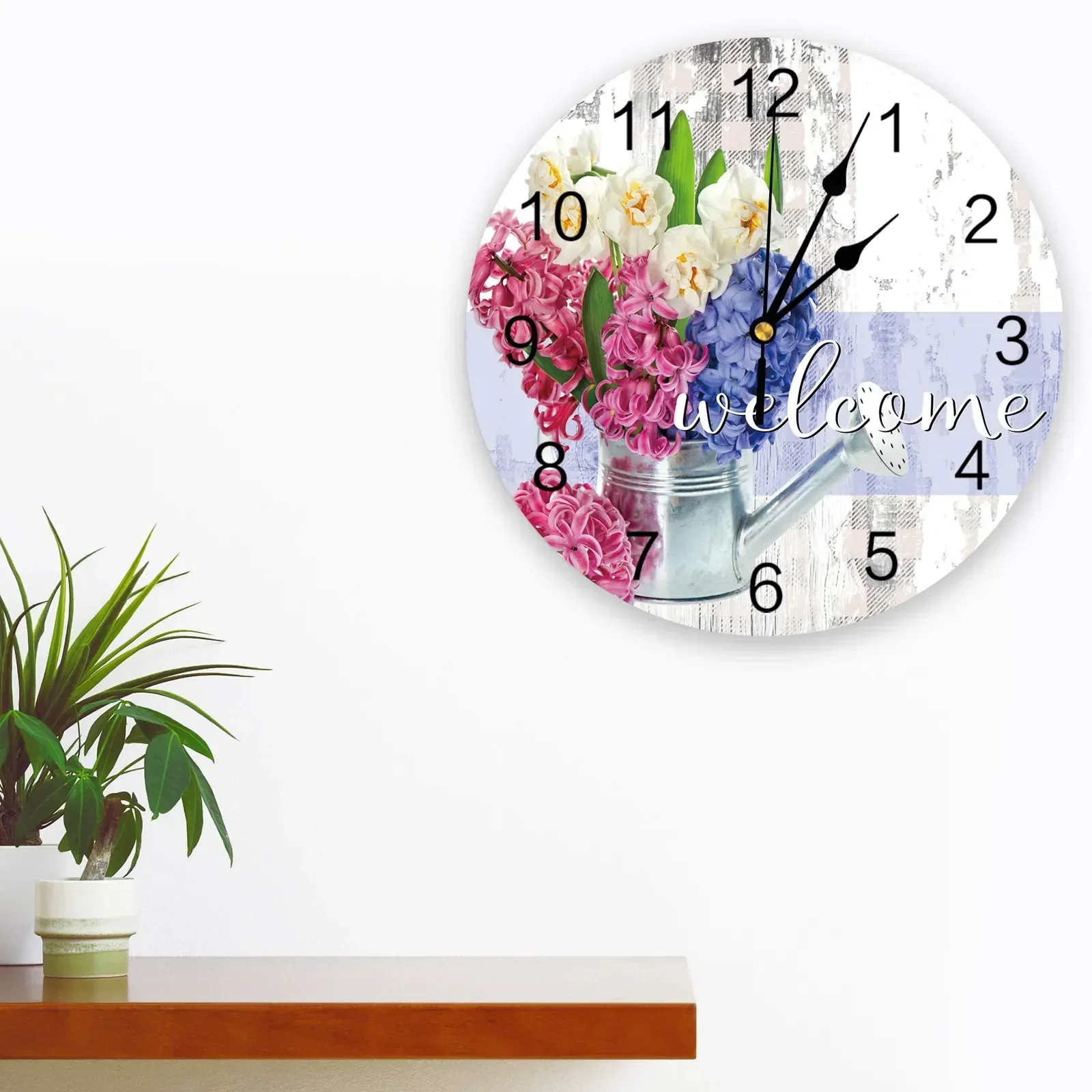 Wood Grain Flower Hyacinth Retro Kitchen Round Wall Clocks Desktop Digital Clock Non-ticking Creative Childrens Room Wall Watch