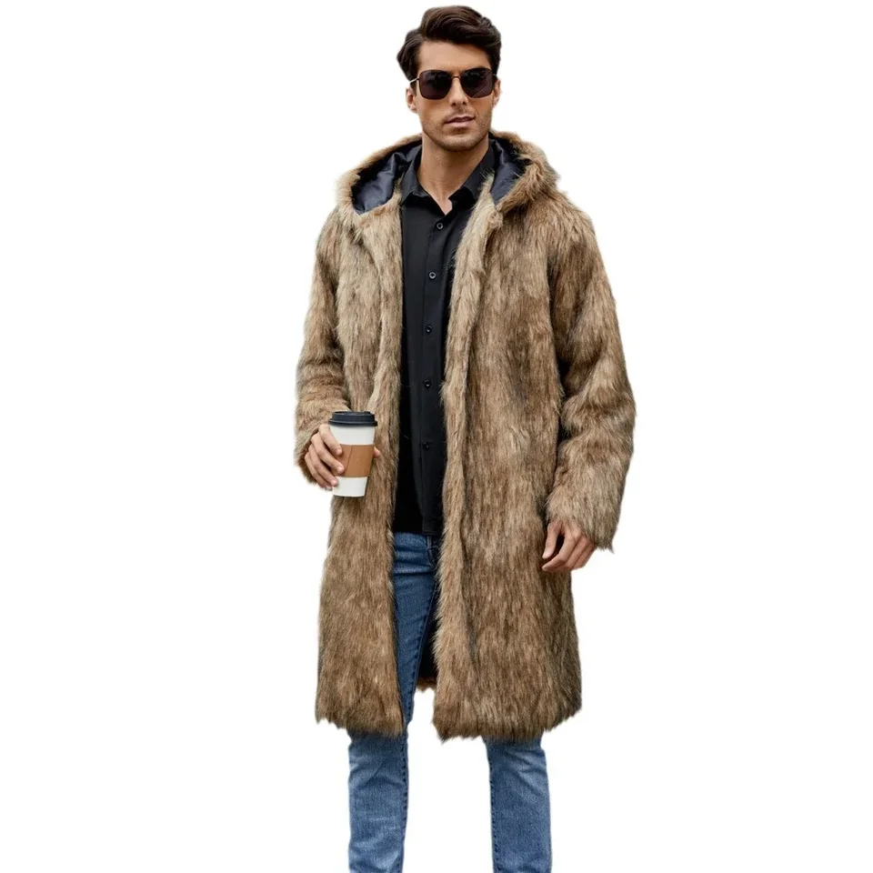 Fur Jackets Cardigan Hooded Faux Fur Spliced Long Sleeve Loose Men