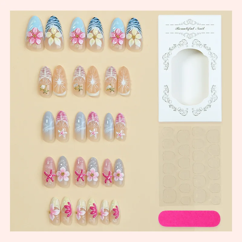30Pcs Fake Nails 3D Starfish Summer Beach and Ocean-Themed Designs These Press-on Nails Make A Great Gift for Girls and Friends