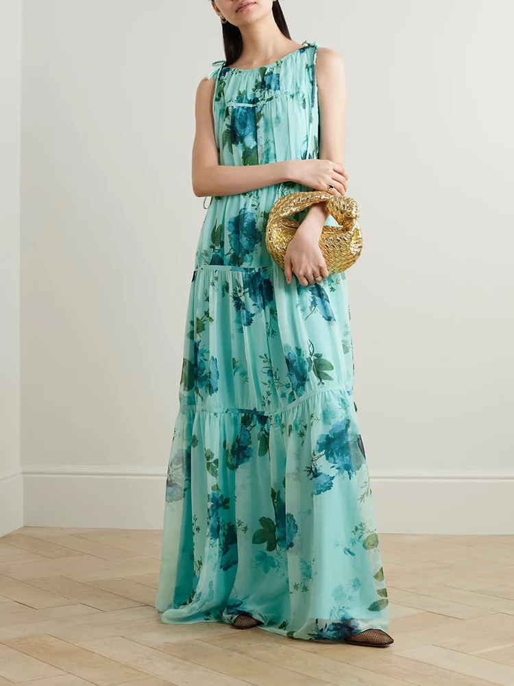 

Floral Print Blue Women's Dress Temperament Elegant Tie Detail Layered Style Sleeveless Long Dresses 2024 Summer New