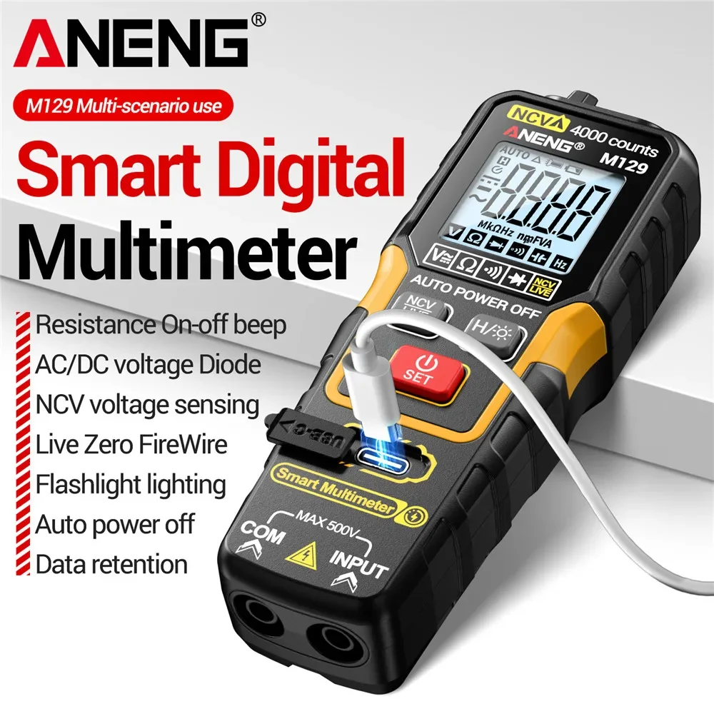 Digital Multimeter Smart Auto Range Tester ANENG M129 ﻿NCV Voltage Sensing Rechargeable Professional Electrician Repair Tools
