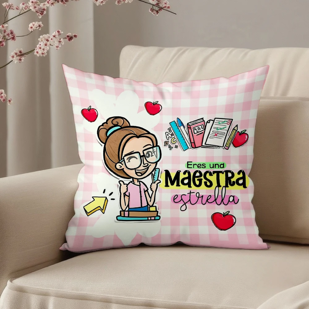 Square Pillow Case Pink Gingham Check Cartoon Teacher Star Graphic Text Home Sofa Chair Decoration Cushion Cover