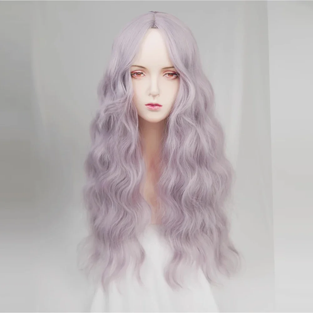 طويل الاصطناعية الأرجواني متموج شعر مستعار مجعد المرأة لوليتا تأثيري الجزء الأوسط شعر رقيق مقاومة للحرارة شعر مستعار للحزب اليومي