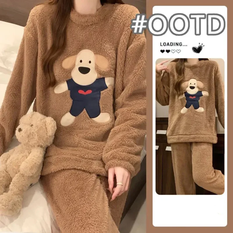 

Cartoon Dog Pajama Sets Women Winter Christmas PJ Fluffy Warm Flannel Homewear Brown Sleepwear Y2K Kawaii Cutecore Nightwear