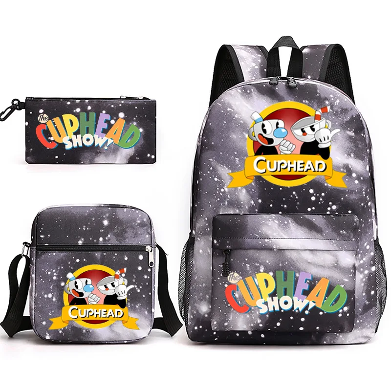 

Cartoon Novelty Game Cuphead Show Printed 3pcs/Set pupil School Bags Laptop Daypack Backpack Inclined shoulder bag Pencil Case