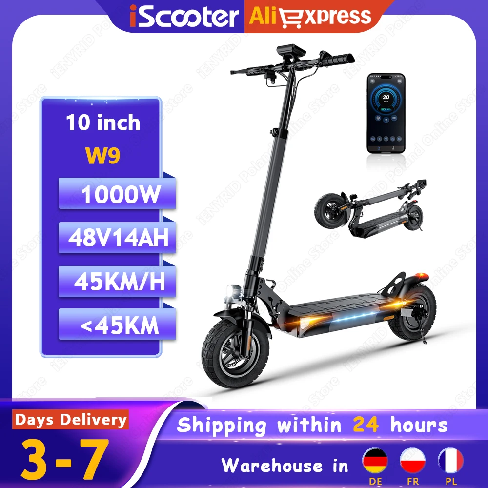 سكوتر كهربائي IScooter W9، محرك 1000 وات، بطارية 48 فولت 14 أمبير في الساعة، سكوتر كهربائي للتحكم في السرعة، تطبيق مع إشارة الانعطاف 10 بوصة سكوتر إطارات الطرق الوعرة