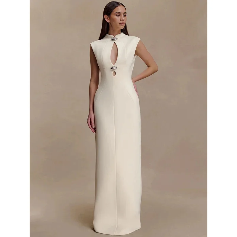 Robe Maxi sans manches découpée pour femmes, élégante, fermeture éclair, col mi-haut, taille haute, moulante, robes longues de soirée en boîte de nuit
