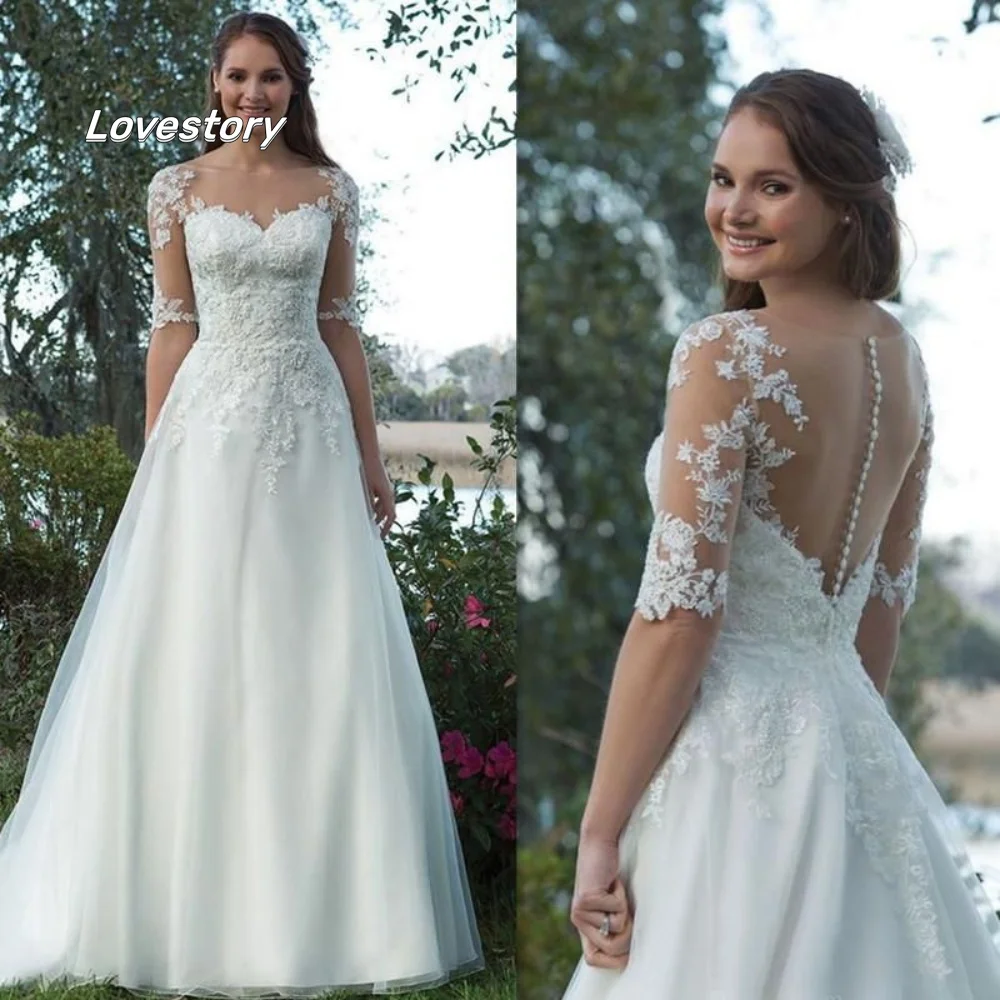 

Elegant A Line Wedding Dresses Sweetheart Applique Tulle Button Bride Dress Half Sleeve Bridal Gown Vestido De Novia