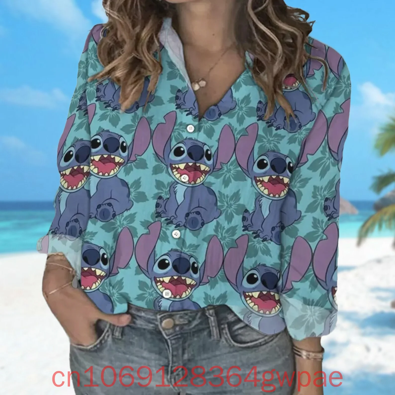 

Disney Stitch Lilo Women's Blouses Shirt Casual Button Up Long Sleeve Shirt Disney Summer Stylish and Elegant Women Shirts Tops