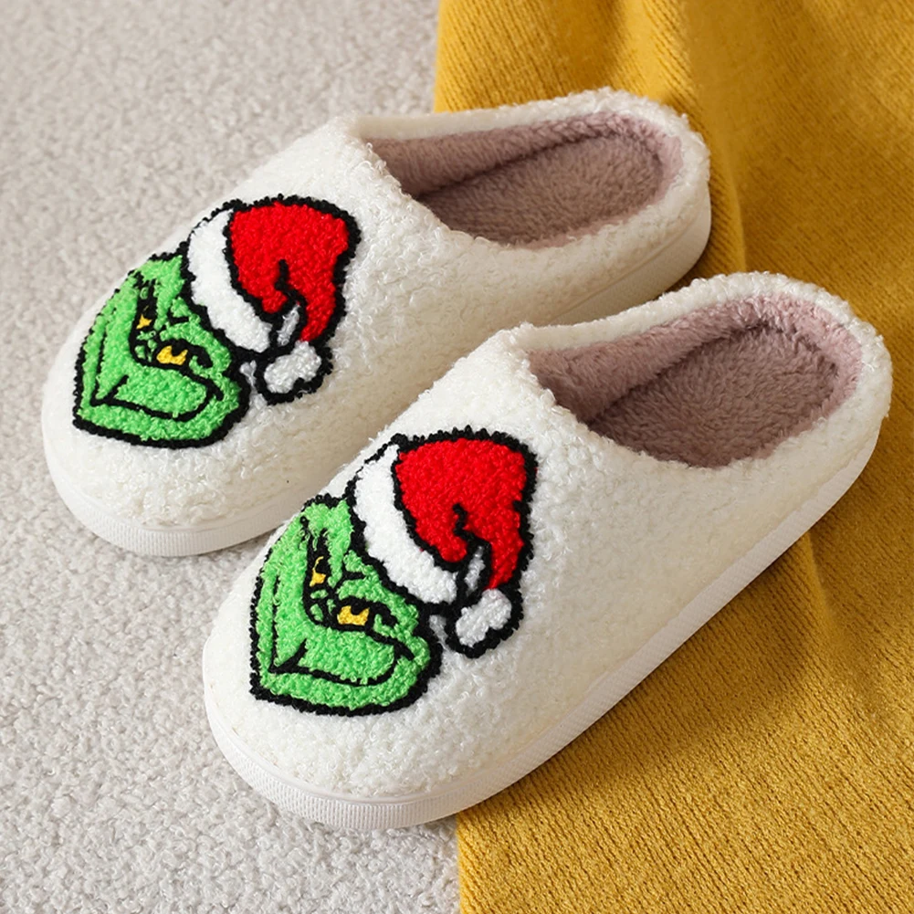 For Grinch Plush Slippers Flat Thermal Slippers Comfortable Fluffy Home Slippers Furry Green Monster Slippers for Autumn Winter