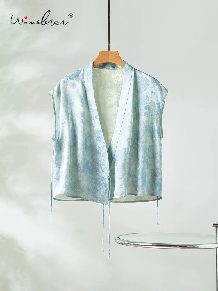 

Winsleter-100%Real Silk Elegant Vest Coat, V Neck Jacquard Lace-up, Women Vintage Commute Waistcoat, 2026 Summer New C66170CC