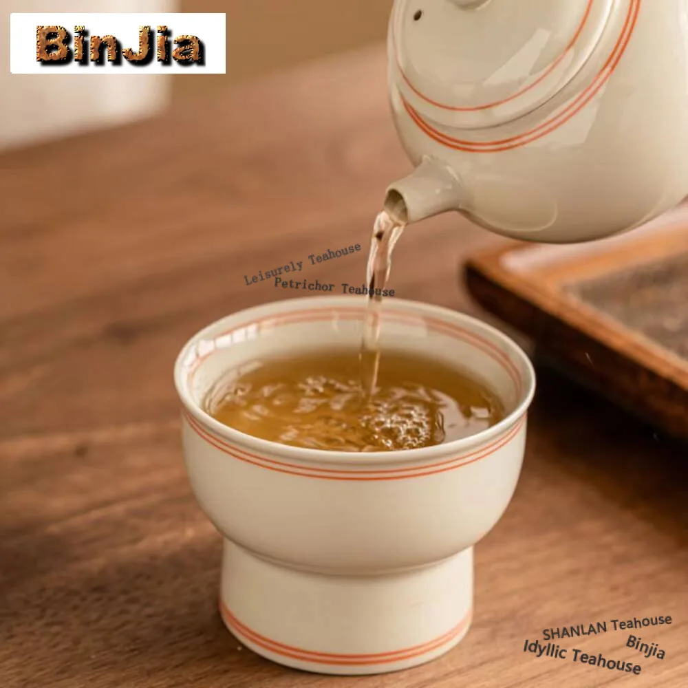 60ML Hand Drawn Double Line High Foot Cup Retro Plant Ash Galze Ceramic Master Single Cup Coffee Mug Chinese Chazhan Bowl Teaset