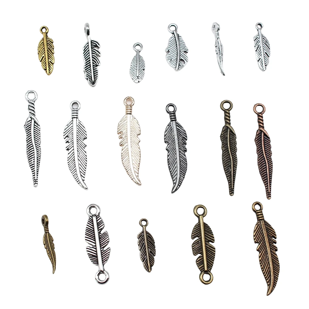 40pcs Antique Bronze Silver Color Pendants DIY Crafts Making Findings Handmade Jewelry Small Feather Charms For Jewelry Making