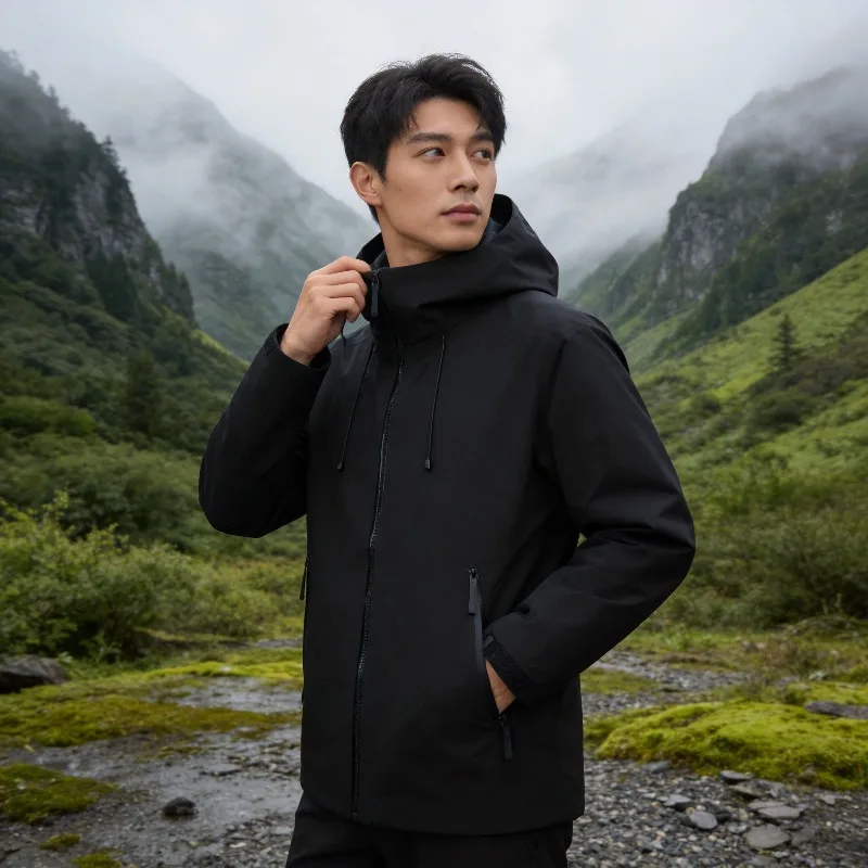 Outdoor windproof and waterproof heat-sealed three-layer rubber hard shell jacket men's and women's mountaineering hiking jacket