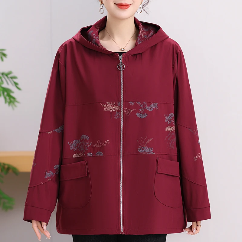 Middle Aged Woman Jackets Hooded Oversized Outerwear Spring Autumn Plus Size Women's Clothing