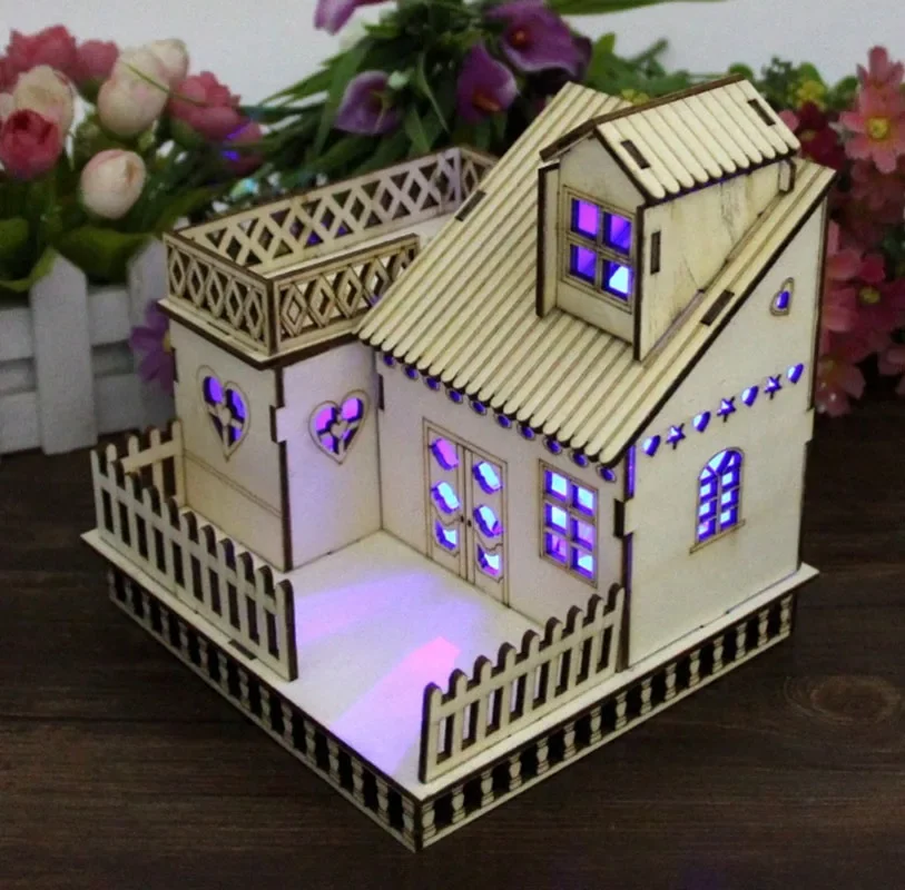 Creative Wooden Flashing House Toys Luminous Villa Model  Birthday Gift for Kids Children Housing Decoration Ornaments