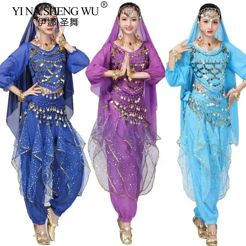 

Блестящий наряд для танца живота для взрослых, женский топ с блестками + брюки, костюм, комплект женской одежды для восточного индийского танца, арабская принцесса, комплект одежды