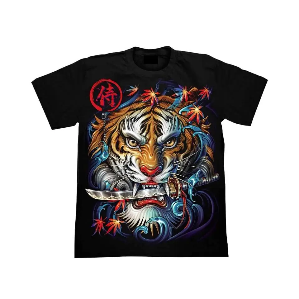 Tiger T Shirt Sword Cotton Shirt Short Sleeve Glow In The Dark Tattoo 4D Black