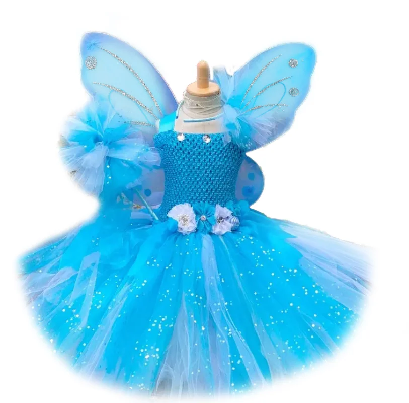 Mädchen Blau-Weißes Glitzerkleid Kinder Blumen-Fee Tutu-Kleider mit Flügel und Zauberstab Haarschleife Kinder Geburtstagsparty Kostüme Kleidung