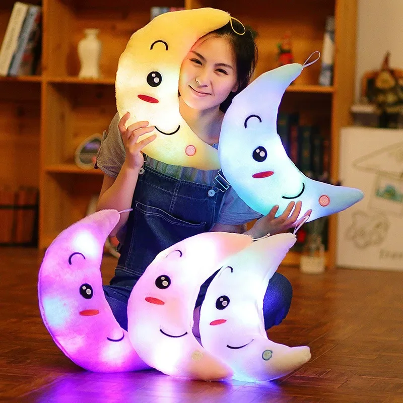 Moon Pillow Plush Toys Cute Luminous Toy Led Light Glow in Dark Doll for Children Kids Cushion  Floor Cushion  Cute Pillow