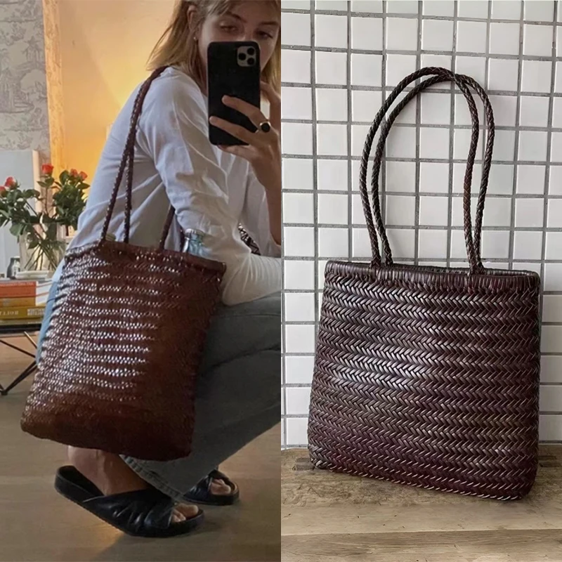 

Brand Woven Leather Tote Bag Summer Large-capacity Shoulder Bag For Women French Style Handwoven Daily Shopping Commuter Handbag