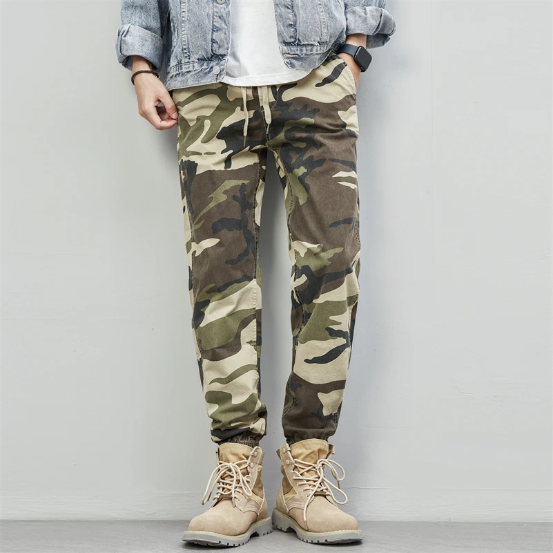 Calça de camuflagem masculina com cordão, caqui, calça tática, algodão, ajuste regular, caminhada, respirável, pesca