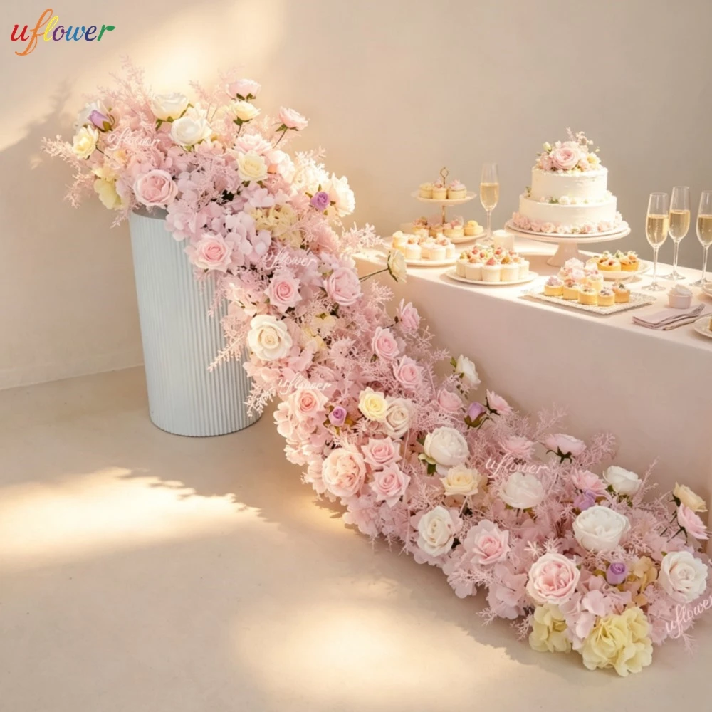 New Pink Rime Rose Mist Flower Runner Artificial Floral Arrangement Wedding Table Aisle Decor for Reception Banquet Event Decor