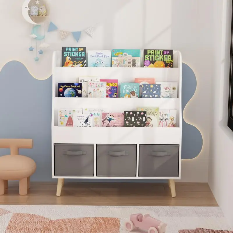 Bibliothèque pour enfants avec 3 bacs en tissu, organisateur d'affichage de livres en bois blanc pour les tout-petits et les enfants, support pour livres sur le devant avec