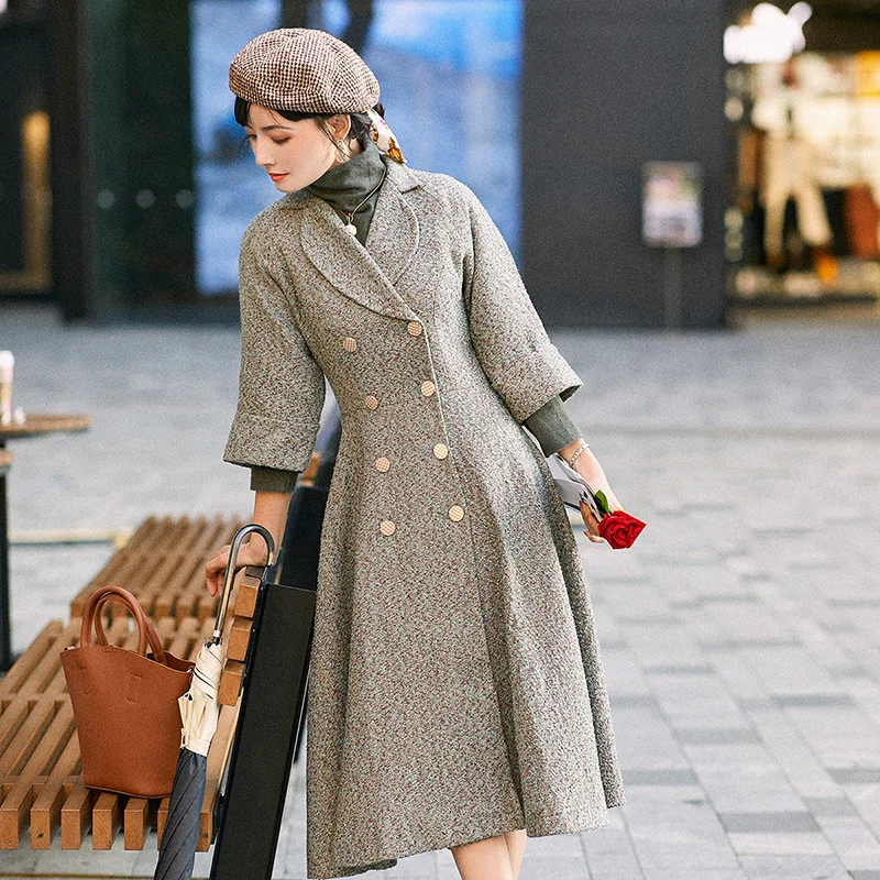 

Winter Women Coat Office Lady Double Breasted Wool Jackets Three Quarter Korean Women Clothing Trench Worsted Overcoat