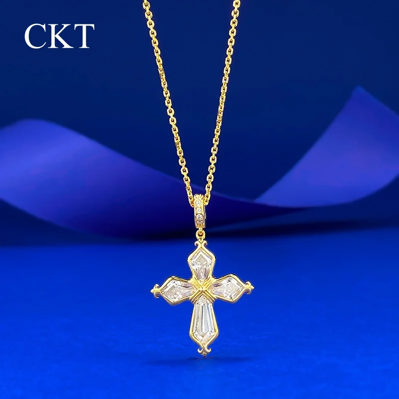 

CKT сверкающее твердое серебро 925 пробы лабораторный сапфир муассанит драгоценный камень винтажный кулон с крестом ожерелье ювелирные изделия подарки