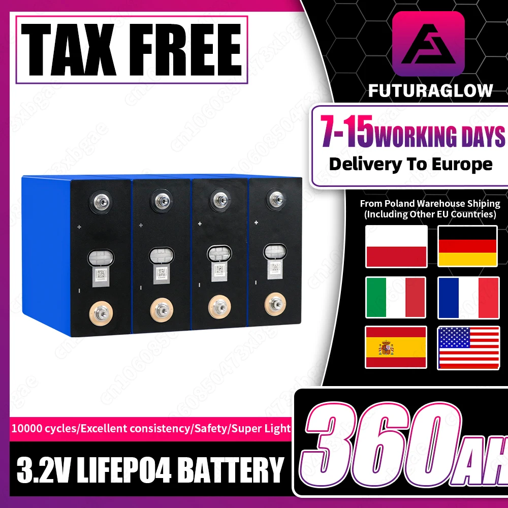 Brand New 3.2V 360Ah LiFePO4 10000+ cycles Battery 4 16Pcs for RV EV Boats Yacht Golf Carts Forklift Solar Cells EU STOCK NO TAX